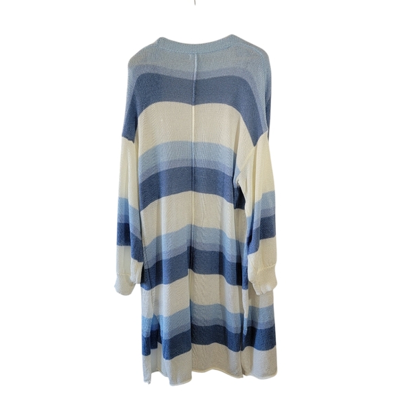 POL Blue White Striped Long Duster Cardigan Sz L Pocket Cottagecore Relaxed Fit - Picture 2 of 12